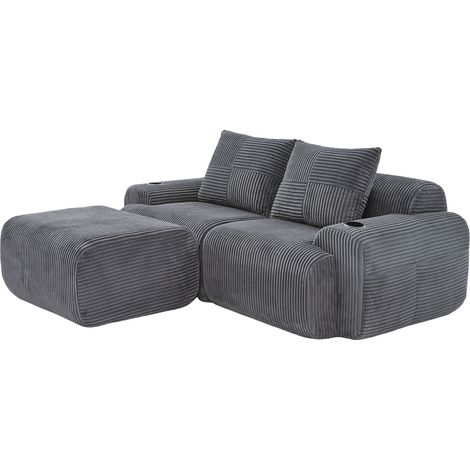 Divano modulare in corduroy grigio scuro con pouf, porta bicchieri e tasca laterale (1/5)