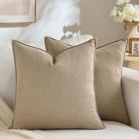 Lot de 2 housses de coussin 50x50 lin naturel beige, bordure, canapé et lit (1/5)