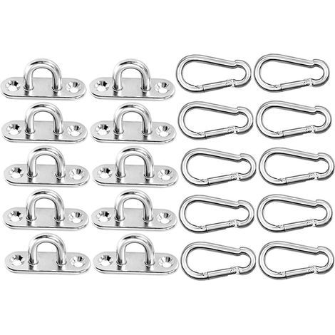10 placas de ojo de acero inoxidable y 10 mosquetones, anclajes de pared, ganchos de techo, adecuados para camping, toldos y deportes domésticos. (1/5)