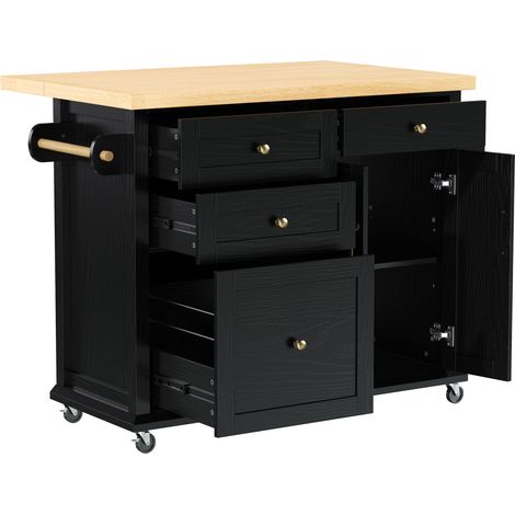 Isla de cocina móvil con ruedas y mesa extensible, carrito de cocina de MDF negro y natural (1/5)