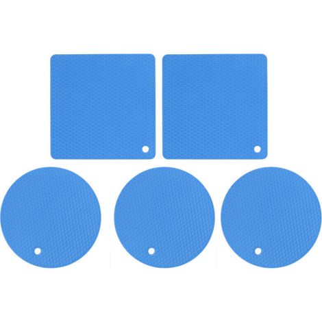 Lot de 5 dessous de plat en silicone carrés et ronds, alvéolés, antidérapants et résistants à la chaleur, pour plaques de cuisson, poêles et casseroles (bleu).