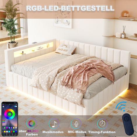 Lit coffre hydraulique 140x200, canapé convertible en tissu velours beige, avec éclairage LED, port USB, dossier et tête de lit, cadre robuste (1/5)