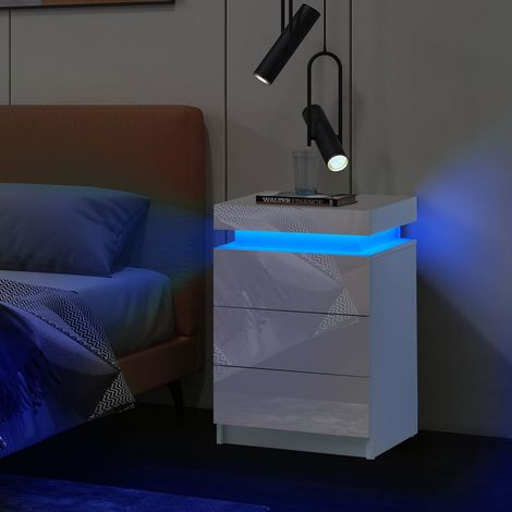 Clipop – Table de chevet moderne 3 tiroirs – Éclairage LED personnalisable – Matériau panneau de particules E1 – Dimensions 45x35x67 cm – Finition brillante (1/5)