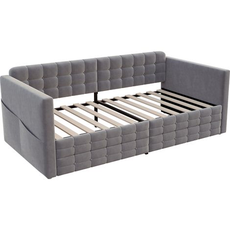 Cama tapizada 90 x 190 cm gris con almacenaje, terciopelo, HOMVRA (1/5)