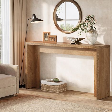 Tribesigns Farmhouse - Table console de 140 cm avec espace de rangement - Table basse rustique en bois marron - Pour entrée, foyer, couloir, salon (chêne clair) (1/5)