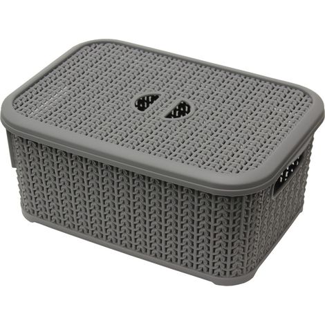 Knit Design Loop Plastic Lidded Rectangular Storage Basket with Handles, Grey (1/3)