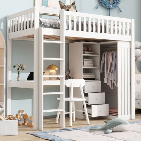 Hochbett Kiefernholz und MDF Weiß 90x200 cm mit Schreibtisch, Kleiderschrank, 3 Schubladen und Treppe (1/5)