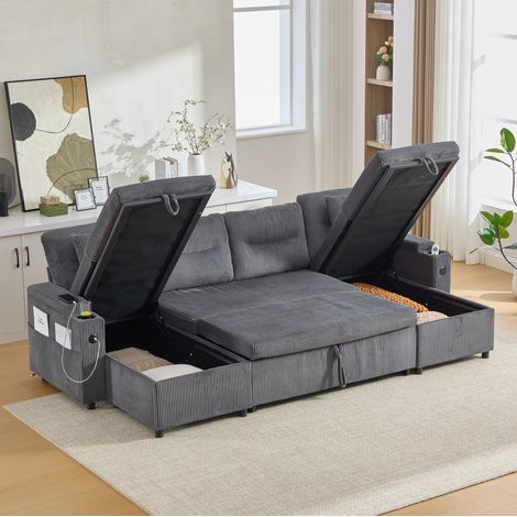 Sofa 272/136/86 cm aus Cord in Kohlegrau mit 2 Chaiselongues, Stauraum und USB-Type-C (1/5)