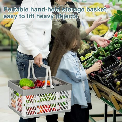 caisses de rangement pliables de taille moyenne avec poignée, panier de pique-nique portable, caisse en plastique pliable pour lait, vêtements, jouets, livres, en-cas, courses, gris (1/4)