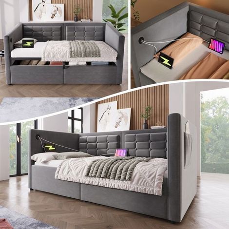 lit coffre 90x190, rangement hydraulique lit une personne, ports USB-C, revêtement velours, rembourré, sommier à lattes (1/5)