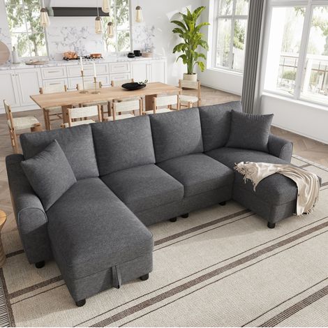 Canapé d'angle en U 2 places avec deux méridiennes, rangement intégré, revêtement en tissu gris, coussins inclus, grand confort pour salon  CHICFURN (1/5)
