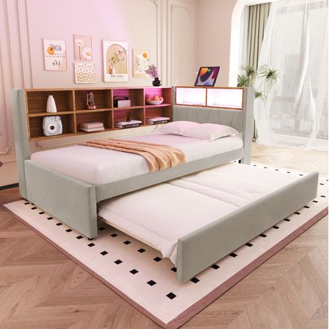 Lit simple multifonction moderne 90x200 cm avec lit gigogne 90x190 cm, flanelle gris clair, LED et ports de charge (1/5)