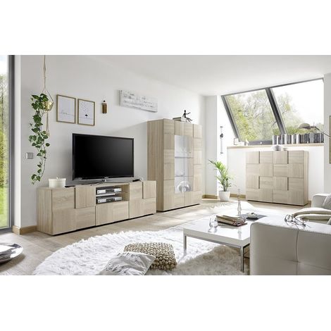 REBECCA - Ensemble Meuble TV 181 cm + Rangement 2P Aspect Bois Samoa Relief Damiers (1/5)