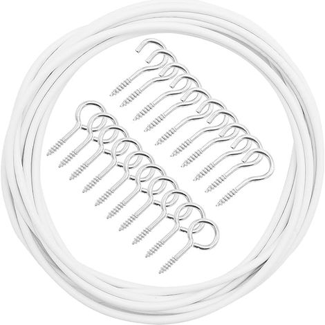 Kit Suspensión Cortina - Cable Plástico Blanco 4 m - Soporte Pared - Incluye 10 Ganchos y 10 Ojales - Para Cortinas y Ropa (1/5)