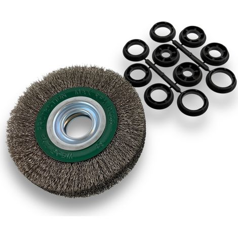 Brosse circulaire INOX Ø 150 mm Epaisseur 3 rangs Fil dur 0.30 mm ondulé Alésage 32 mm + réducteur bague 25/22/20/16/12 mm Touret meuleuse affûteuse ponceuse Kibros 235153IT