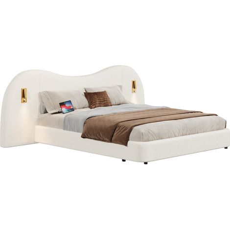 Cama tapizada doble 180x200 cm con almacenaje hidráulico, USB, luz de lectura y bouclé blanco (1/5)