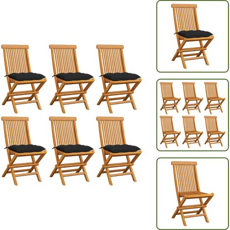 Chaises de jardin et coussins noir lot de 6 Bois de teck massif - Chaise De Jardin Pliable - Chaise De Jardin En Bois - Chaise De Jardin Teck - Mobilier De Jardin - Set De Chaises De Jardin (1/5)