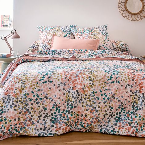 Parure de lit 3 pièces percale de coton 80 fils floral housse + taies Rose 240x220 cm