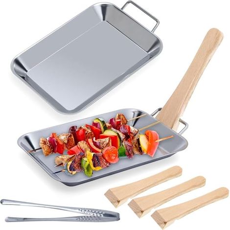 Reusable Stainless Steel Barbecue Tray – 7-Piece Set with 2 Stainless Steel Cooking Dishes, 4 Wooden Scrapers (1/5)