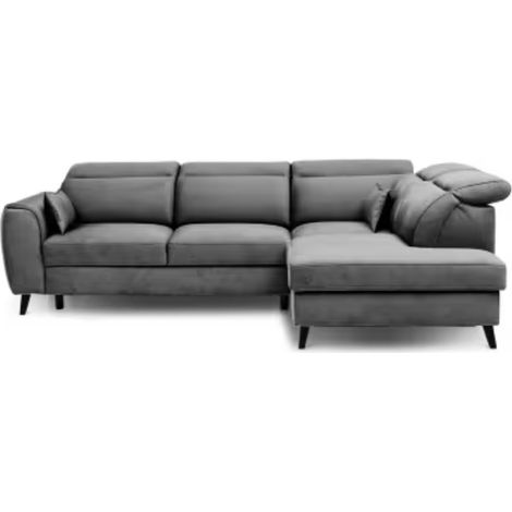 Canapé d’angle convertible NOBLESSE en velours avec coffre et pieds en bois noir – 265cm angle droit-Gris-angle droit (1/5)