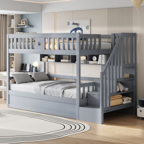 Lit simple 90x200 avec rangements et escalier gris HAVRYA (1/5)