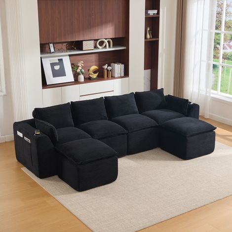 Grand Canapé Panoramique Modulable 4 Places avec 2 Poufs en Velours Côtelé, Canapé d'Angle avec Porte-Gobelet et Poches, Ressorts Haute Résilience, Style Scandinave (322x161x75 cm) - Noir (1/5)