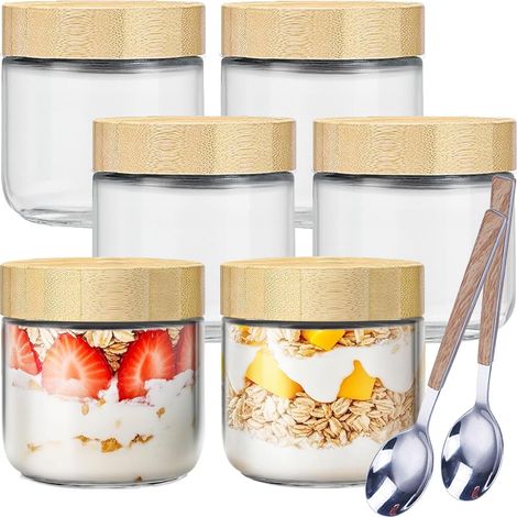 Pots pour Overnight Oats, 6 Pieces 300 ml Pot Yaourt en Verre avec Couvercle, Bocaux en Verre Hermétique avec 2 Cuillère en Acier Inoxydable, pour Yaourt, Pudding, Chutneys, Porridge (1/5)