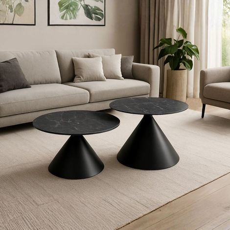 Set 2 tavolini da salotto basso Punto con piano effetto marmo nero e gambe in metallo nero (1/4)