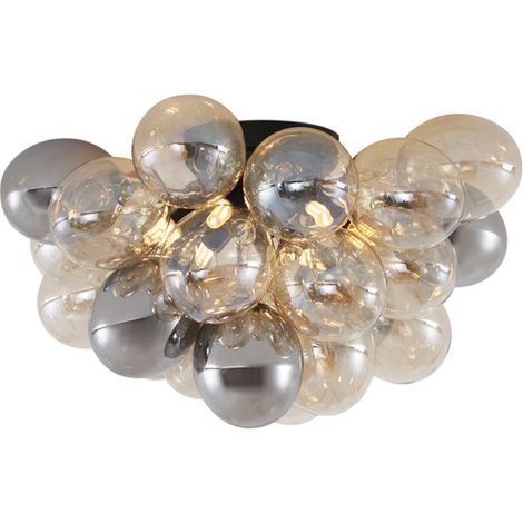 QAZQA Diseño Lámpara de techo de diseño negro con cristal ámbar y ahumado 6 luces - Uvas Vidrio /Metálica Esfera Adecuado para LED Max. 6 x 8 Watt