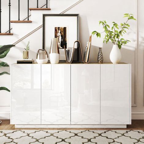 Buffet salle à manger buffet cuisine 4 portes à fermeture douce et étagères réglables 140l x 40P x 75H cm blanc laqué (1/5)