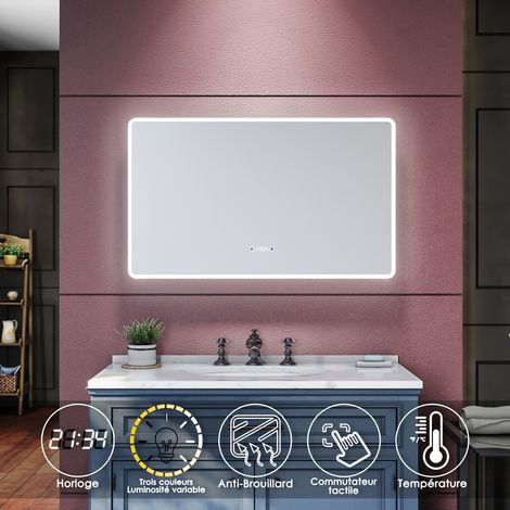 SIRHONA Espejo de Baño 100x60cm con Luz LED Espejo Pared Antivaho con Reloj ,Tres Temperaturas de Color Adjustable (1/4)