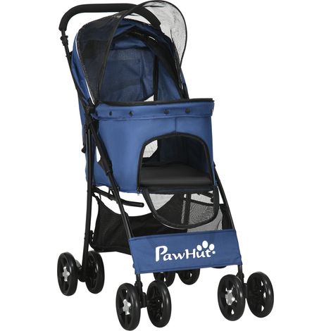 Passeggino per cani con cesto cuscino 2 guinzagli acciaio tessuto Oxford 81x48x99 cm nero blu scuro