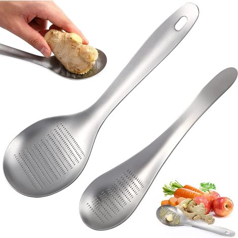 Molinillo de ajo de acero inoxidable, cuchara para moler jengibre, cuchara para moler frutas y verduras, 2 piezas para cocina (cuchara pequeña (material 304), cuchara grande (material 304)) (1/5)