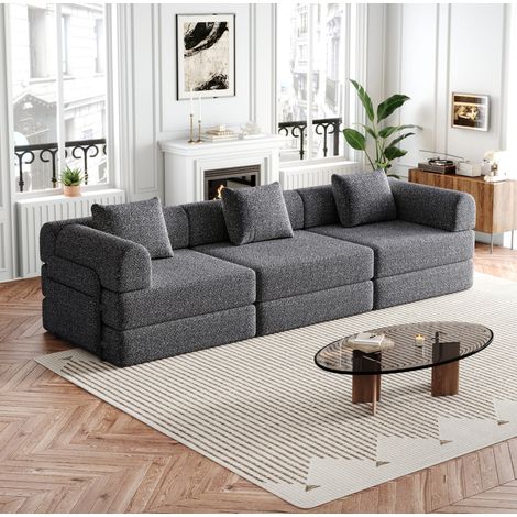 Sofá cama modular 2 en 1 gris de chenilla con compartimento en reposabrazos y estructura de acero (1/5)