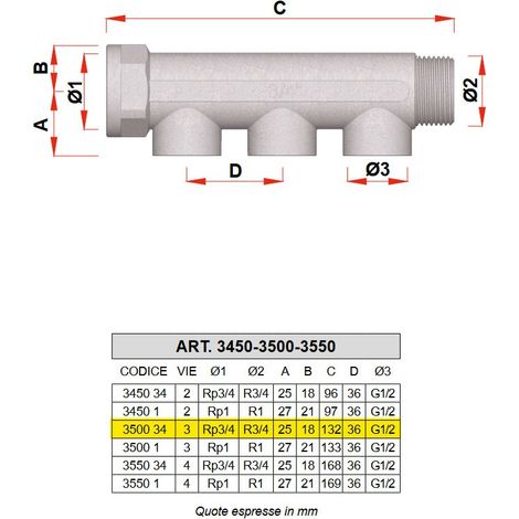 3500 - Collettore maschio-femmina cromato INT. 36 mm - Misura 3/4" - 3 derivazioni 3500 34