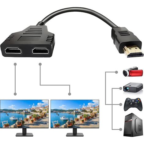 1080P HDMI-Stecker auf Dual-HDMI-Buchse, 1-auf-2-Wege-HDMI-Splitter-Adapter für HDTV, LED, LCD und Projektoren, unterstützt zwei Fernseher gleichzeitig