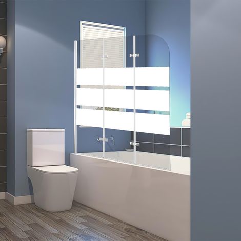 Wolketon Pare-baignoire gain de place 3 panneaux, H.140 x l.120 cm, verre sérigraphié à bandes blanches, profilé alu argenté (1/5)