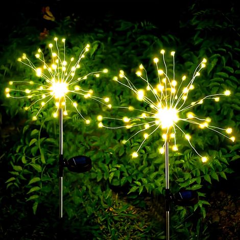 Feux d'artifice solaires, lot de 2 guirlandes lumineuses solaires pour décoration de jardin, pelouse, terrasse, balcon, fête de Noël (blanc)