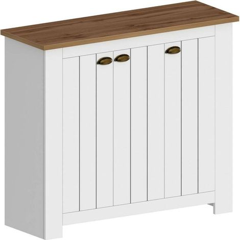 Dmora - Scarpiera Seprio, Porta scarpe salvaspazio a 3 ante, Armadio multifunzione da ingresso, 114x42h100 cm, Bianco e Rovere