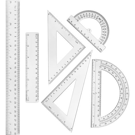 Ensemble de 6 règles mathématiques transparentes en plastique - Règles droites de 30 cm et 15 cm, rapporteur, équerres Outils de mesure géométriques transparents pour l'école, le bureau et la maison (1/5)