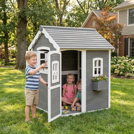 Maison pour enfants de 3 à 8 ans avec 6 fenêtres et jardinière, en bois de sapin, 104.5x110x137 cm, grise (1/5)