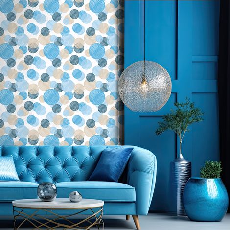 Papier peint intissé pré-encollé - BOHÈME ETHNIQUE CERCLES BLEUS - 1 rouleau de 300x60cm (1/5)