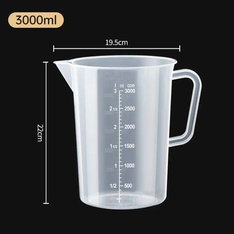 Gobelet doseur (3000 ml) en plastique transparent, bécher de laboratoire gradué, récipient de mesure pour liquides, idéal pour la cuisine et la pâtisserie. (1/5)