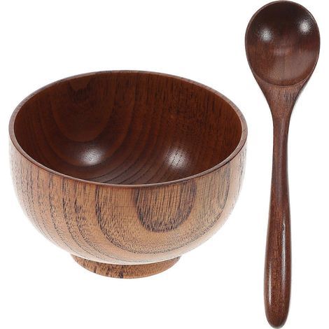 Set aus 2 Holzschalen und Löffeln, umweltfreundliche Reisschale, Lebensmittelbehälter für Restaurant und Haushalt – 9,50 x 9,50 x 6,50 cm (1/4)