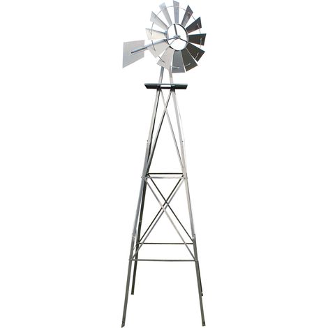 Wiltec Windrad mit 245 cm Höhe, Windmühle in Silberfarben, Windspiel im US-Design, Gartendeko mit kugelgelagertem Texasrad, Rankhilfe für Garten