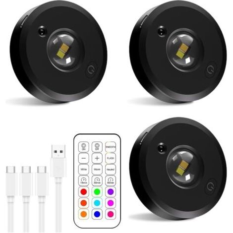 royaluxe -Batterie LED rechargeable USB, éclairage d'armoire RGB sans fil à changement de couleur avec télécommande, éclairage indirect rond avec 3 températures de couleur et minuterie (lot de 3) (1/5)