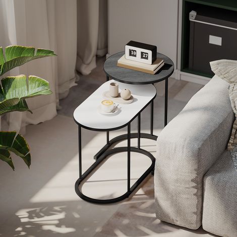 Ensemble 2 tables basses empilables cadre métallique salon bureau - Couleur: Blanc, Gris