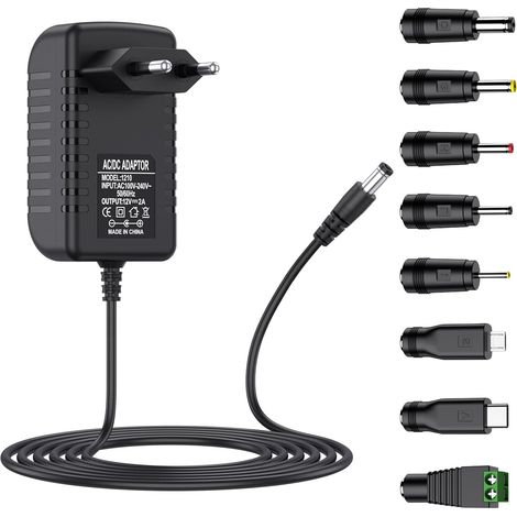 Adaptateur Secteur 12V 2A Alimentation AC220V 230V vers DC12V Pilote 5.5mm avec 8 adaptateurs de Prise 2000mA 1000mA 500mA convertisseur Chargeur AC-DC (12V/2A) (1/5)