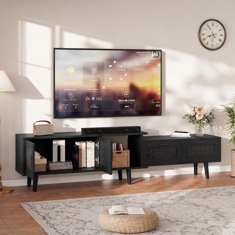 Meuble TV en Rotin,180cm Meuble TV Bois avec Compartiment de Rangement Ouvert,Banc TV Meubles Télé pour téléviseur avec 2 tiroirs et 2 Portes pour Salon ou Chambre,Noir