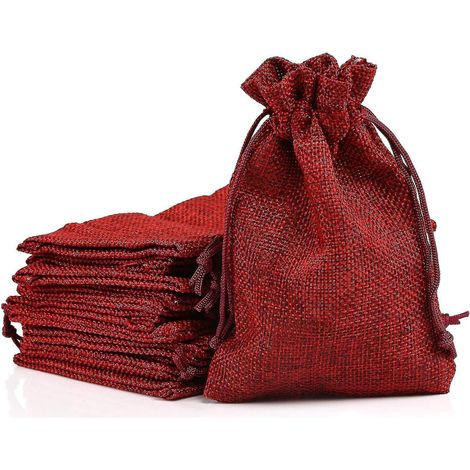 Set mit 20 Geschenktüten aus Leinen und Jute, Jutebeuteln mit Kordelzug, Schmuckbeuteln, Gastgeschenktüten – Weinrot